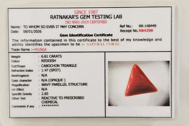 Lab certified red coral gemstone with authenticity report
ISO certified natural moonga stone lab report image
Certified Mars gemstone red coral verification document