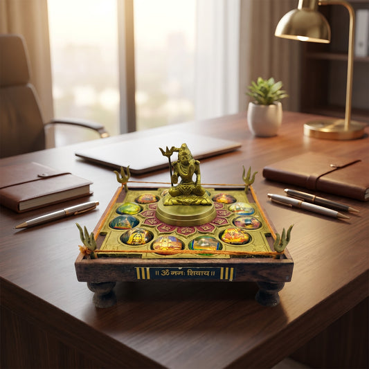 12 Jyotirling Shiva Yantra Chowki in Brass & Wood for Puja