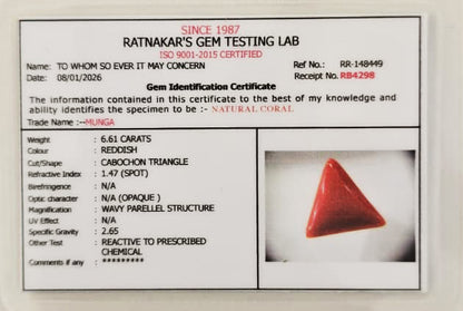 Lab certified red coral gemstone with authenticity report

ISO certified natural moonga stone lab report image

Certified Mars gemstone red coral verification document
