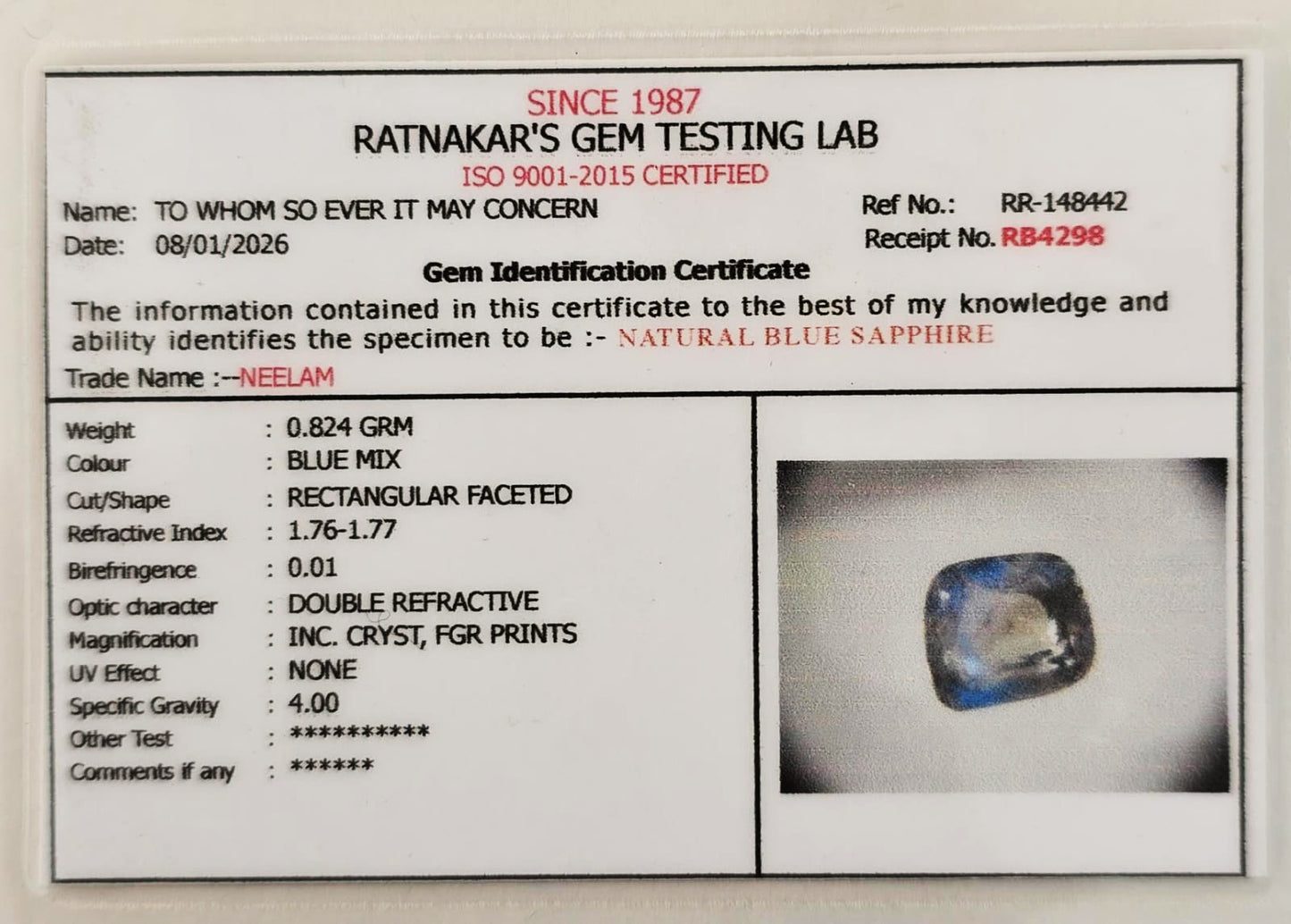 Blue Sapphire Neelam 4.12 Carats Gemstone Certificate – Certified Natural Neelam Stone | Ramaya Tatva
