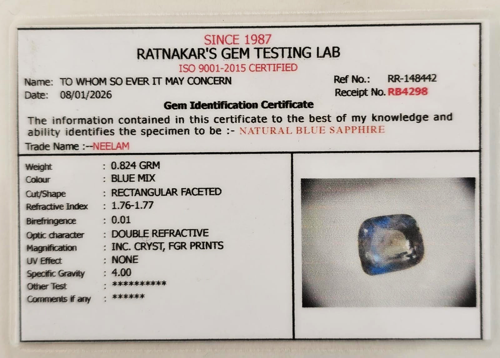 Blue Sapphire Neelam 4.12 Carats Gemstone Certificate – Certified Natural Neelam Stone | Ramaya Tatva
