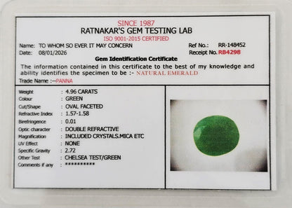 Natural certified green emerald Panna gemstone rich green color

Close up natural emerald oval cut lab certified stone

Certified Panna stone with authenticity report

Premium green emerald Mercury gemstone for astrology