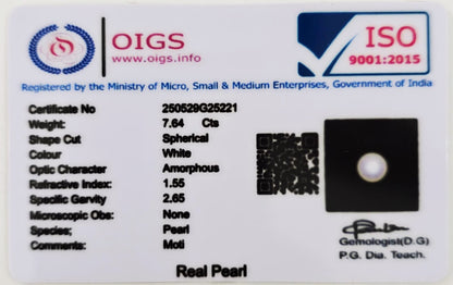 Natural certified Pearl Moti gemstone white Moon stone

Close up natural pearl round shape lab certified

Certified Moti stone with authenticity report

Premium white pearl Moon gemstone for astrology