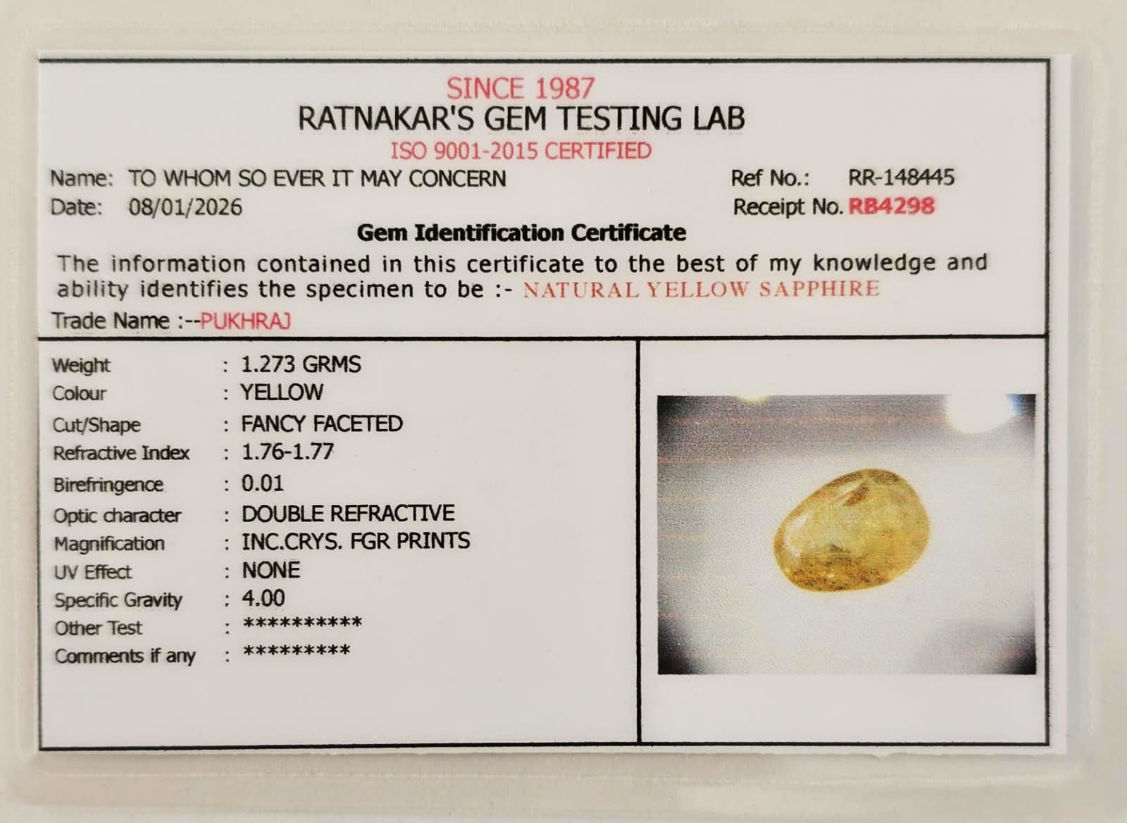 Natural Yellow Sapphire 6.36 ct Pukhraj certified gemstone
Lab certified Pukhraj astrology prosperity gemstone