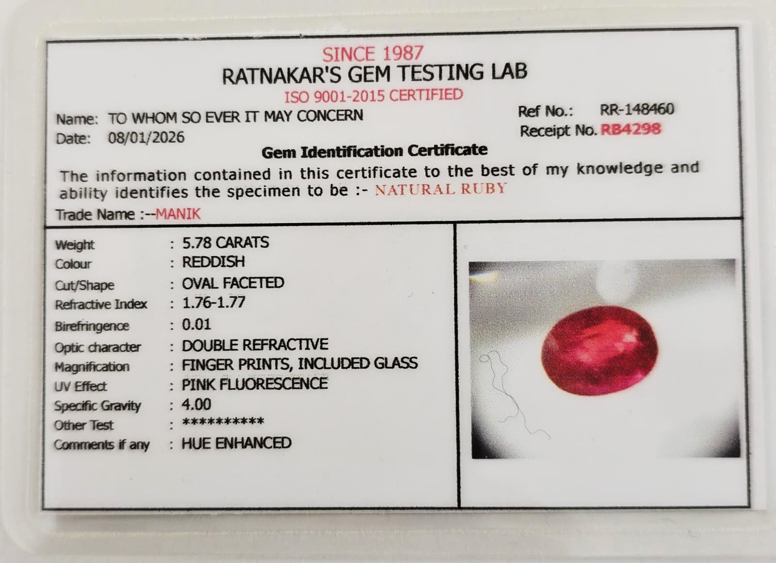 Natural certified Ruby (Manik) gemstone deep red Sun stone

Close up natural ruby oval cut lab certified gemstone

Certified Manik stone with authenticity report

Premium red ruby gemstone for astrology Surya