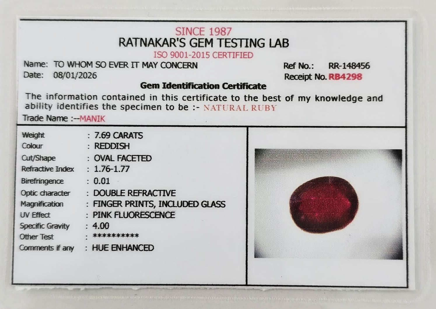 Natural certified Ruby (Manik) gemstone deep red Sun stone

Close up natural ruby oval cut lab certified gemstone

Certified Manik stone with authenticity report

Premium red ruby gemstone for astrology Surya