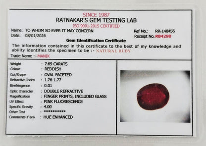 Natural certified Ruby (Manik) gemstone deep red Sun stone

Close up natural ruby oval cut lab certified gemstone

Certified Manik stone with authenticity report

Premium red ruby gemstone for astrology Surya