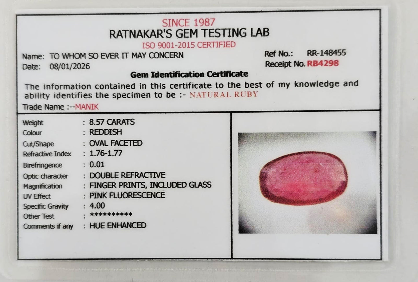 Ruby Manik 8.57 Carats Gemstone Certificate – Certified Natural Manik Stone | Ramaya Tatva

