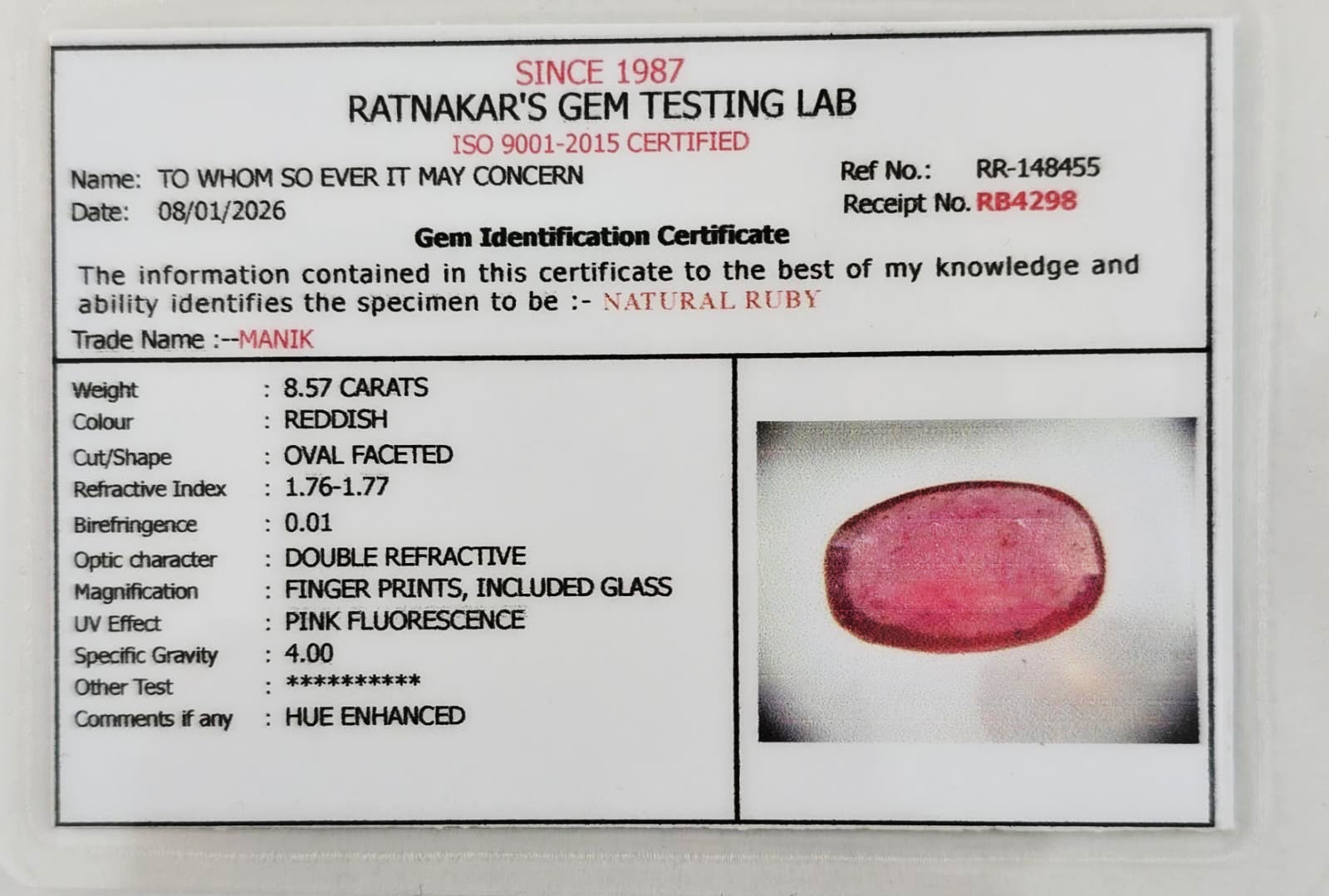 Ruby Manik 8.57 Carats Gemstone Certificate – Certified Natural Manik Stone | Ramaya Tatva
