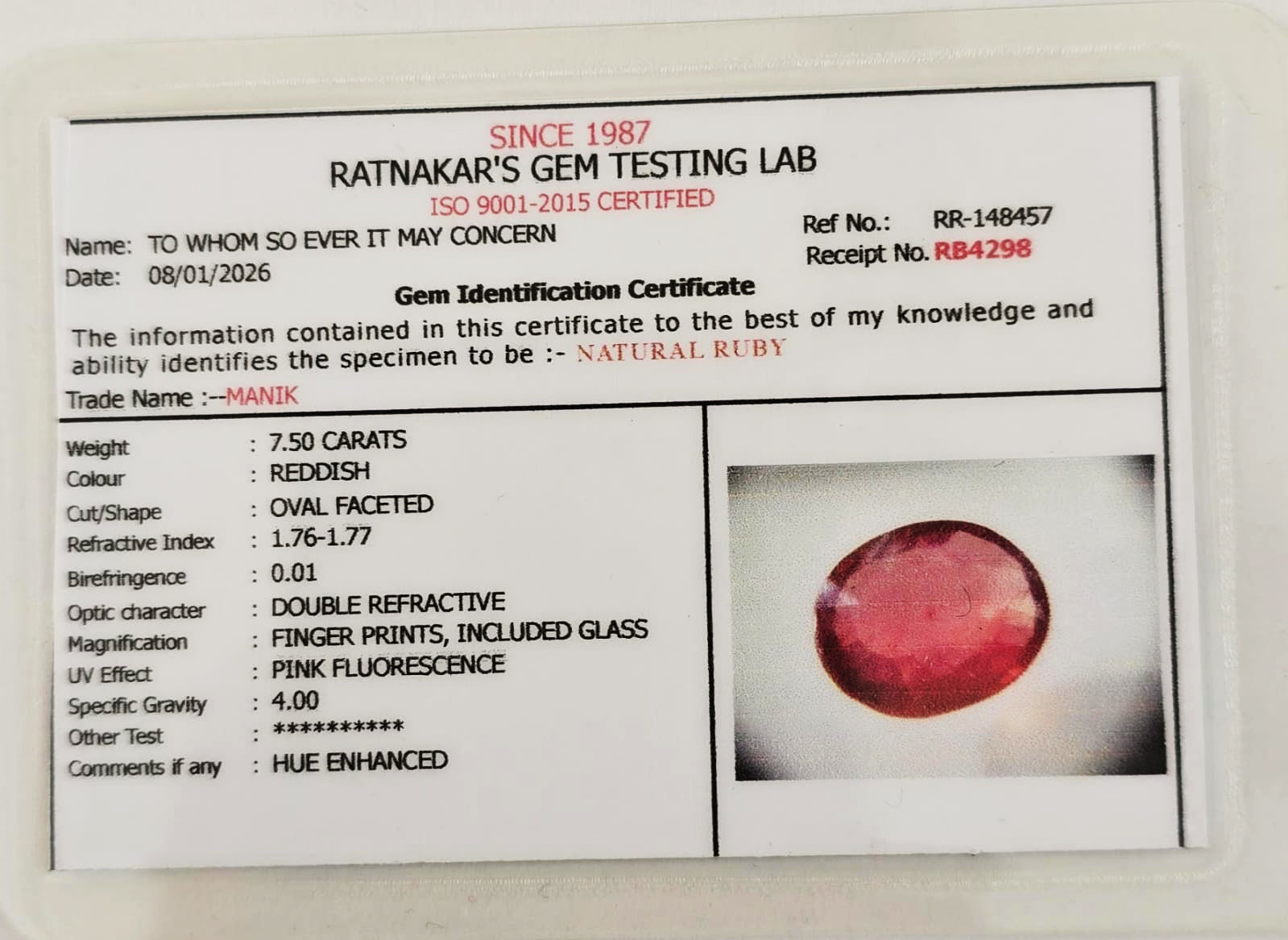 Natural certified Ruby (Manik) gemstone deep red Sun stone

Close up natural ruby oval cut lab certified gemstone

Certified Manik stone with authenticity report

Premium red ruby gemstone for astrology Surya