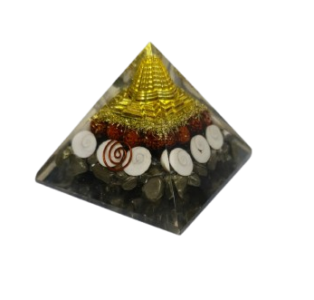 Lakshmi Orgonite Pyramid – Close Up Showing Crystal Layers & Sacred Geometry Design
