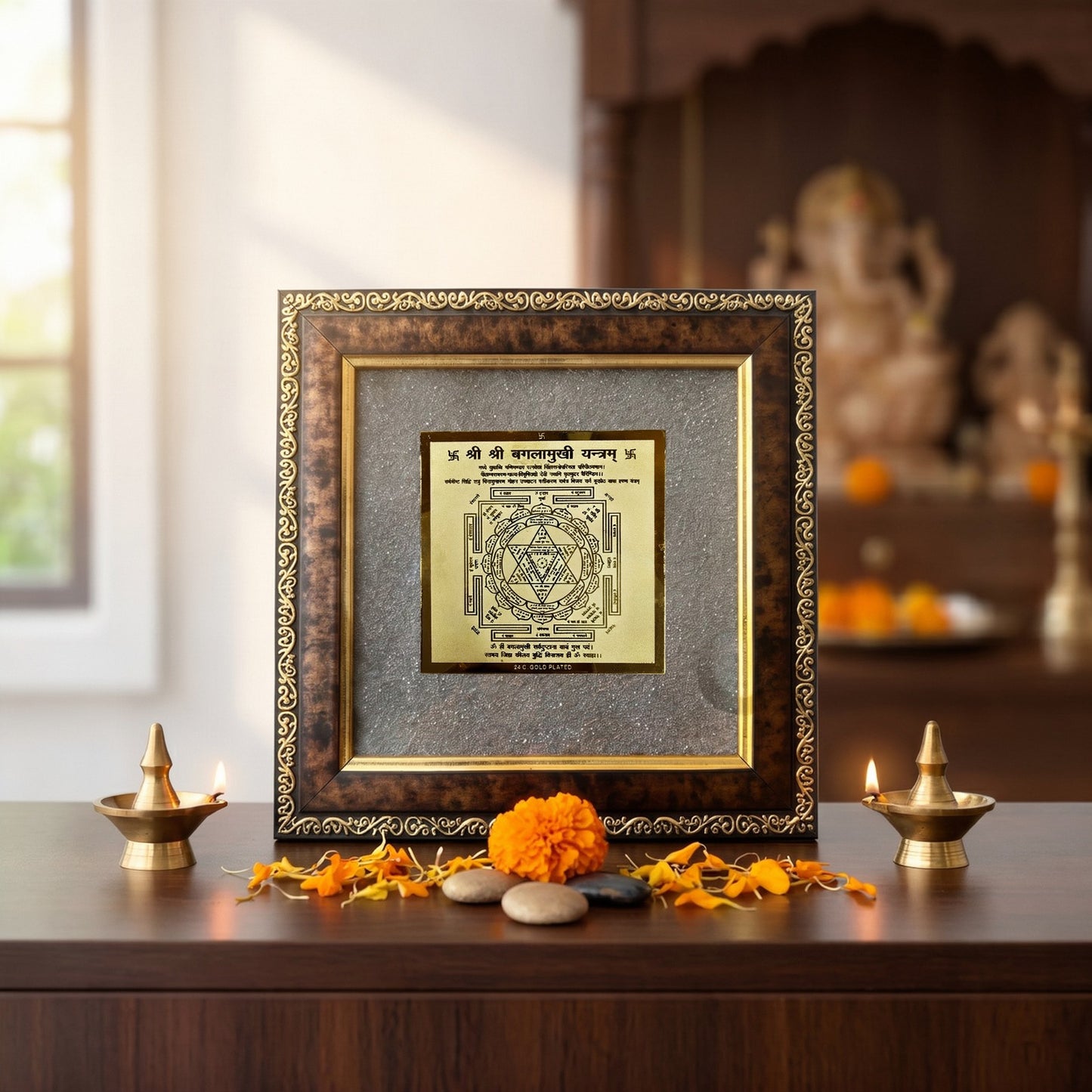 Baglamukhi Yantra Gold 24K 11.5 cm – Energised Gold Plated Yantra for Victory and Protection | Ramaya Tatva
