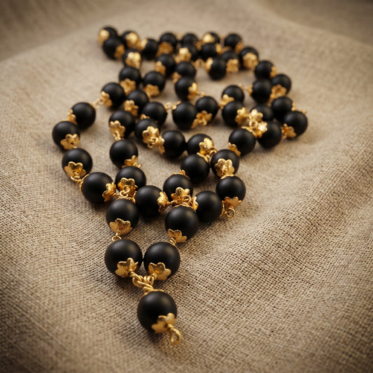Shaligram Stone Round Beads Mala In Capping (54+1 Beads)