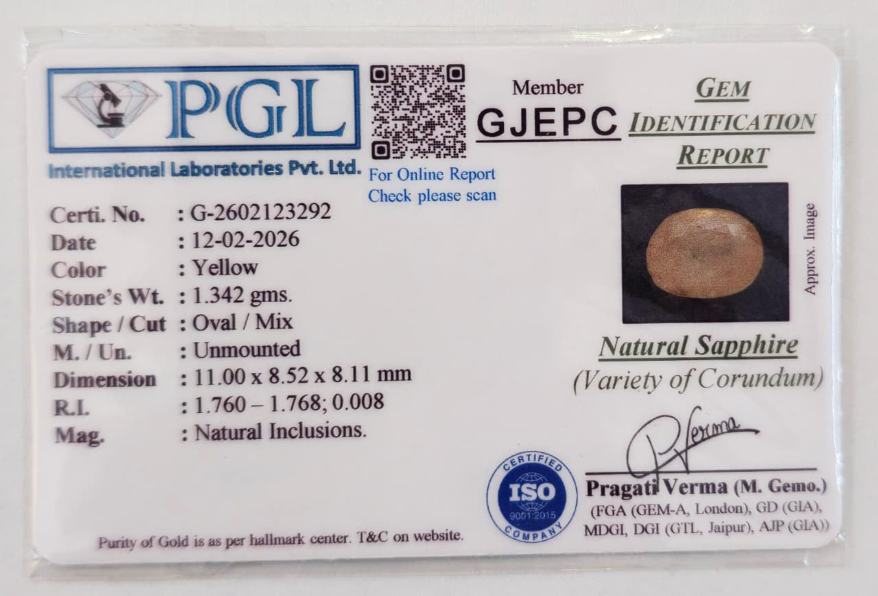 Yellow Sapphire Pukhraj Close-Up – 6.71 Carat Natural Yellow Sapphire Vivid Yellow Colour with Certificate | Ramaya Tatva
